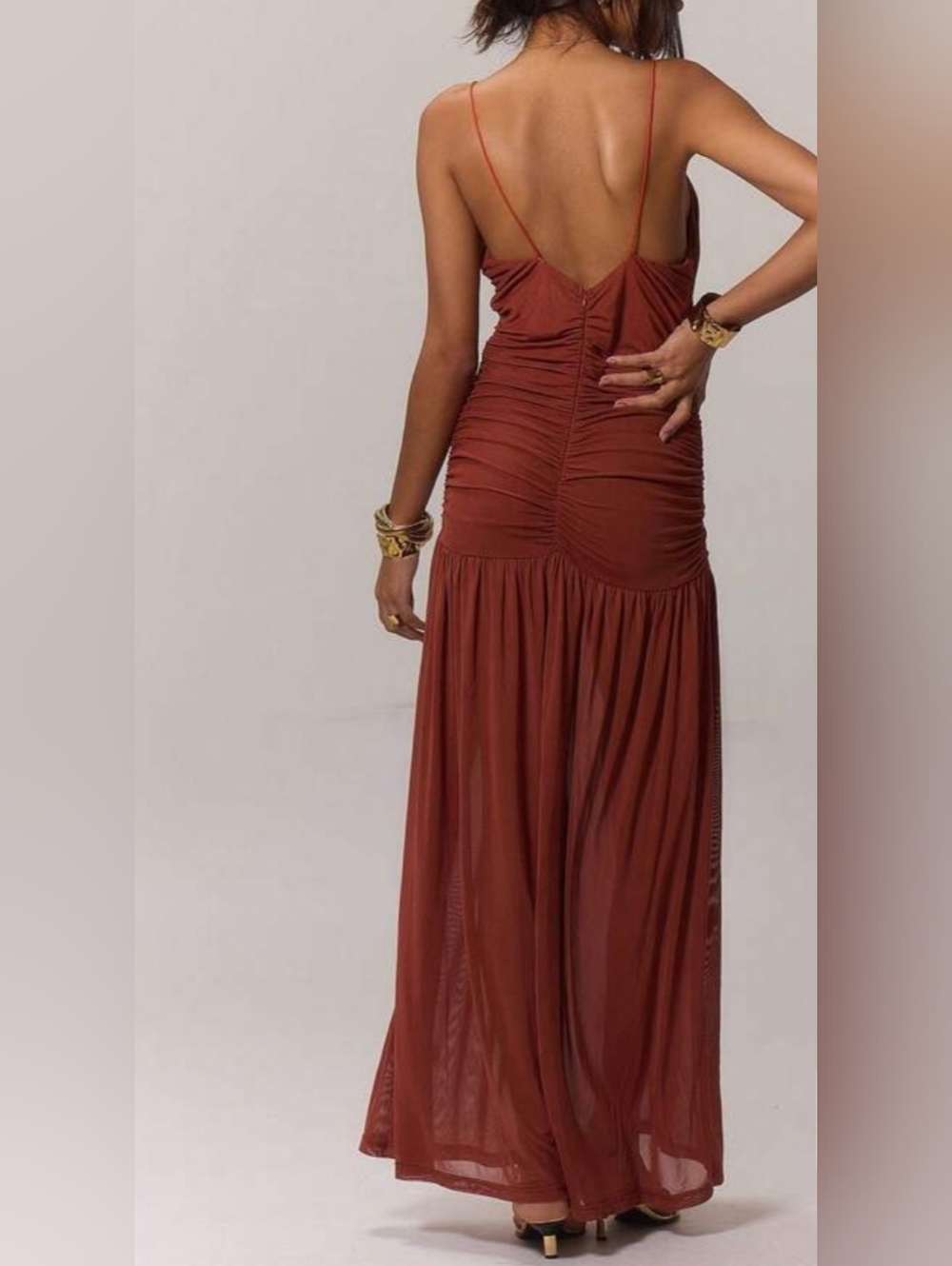 Musera Rust Brown V Neck Sheer Ruched Bodycon Maxi Dress Large - Picture 2 of 7